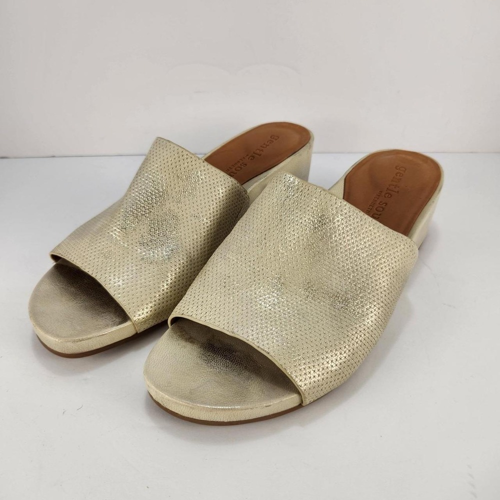 Gentle Souls Women's Size 10 Ice Metallic Leather Slide Sandals Block Heel